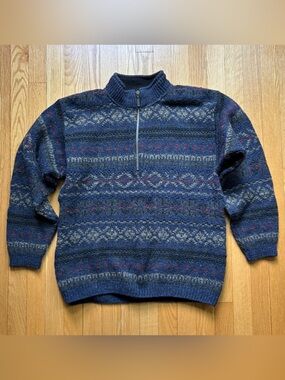 Vintage Alps Men’s 1/4 Zip Wool 100% Fair Isle Knit Sweater Large Blue Geometric